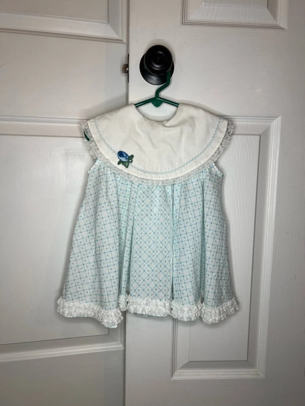 VTG Handmade Baby Toddler Dres Peter Pan Collar Ruffle Accent Blue White 12-18M?